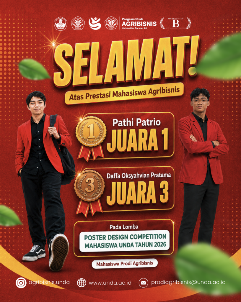 Pathi Patrio (Juara 1) dan Daffa Oksyahvian Pratama (Juara 3), mahasiswa Prodi Agribisnis UNDA, Poster Design Competition Mahasiswa UNDA 2026