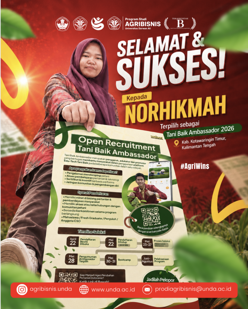 Norhikmah, mahasiswa Prodi Agribisnis UNDA, terpilih sebagai Tani Baik Ambassador 2026